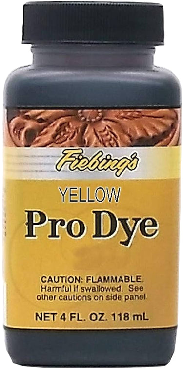 A bottle of Pro Dye Yellow by Fiebings, with a label showing a leather item in yellow color.