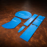 A set of blue acrylic templates for creating a custom canteen purse or bag made of leather.