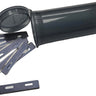 Set of metal blades with a clear plastic container on a white background