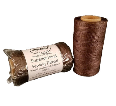 A spool of brown hand sewing thread and a packaged thread roll, both with product information visible.