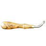 A handcrafted push beveler tool with a metal curved blade, and wooden handle used for beveling edges in leather crafting.