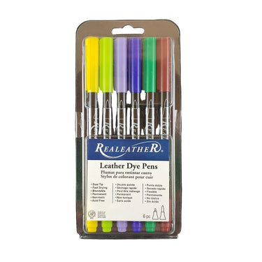 A pack of leather dye pens in various colors displayed in a clear plastic packaging with the brand name 'Realeather' visible on the label.