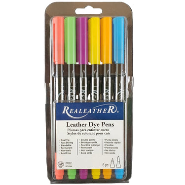 A pack of six leather dye pens in various bright colors, packaged in a clear plastic case with the brand 'Realeather' displayed at the top.