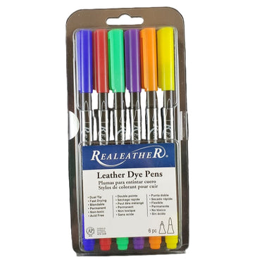 A pack of leather dye pens in various colors, including red, blue, green, orange, purple, and yellow, displayed in its packaging.