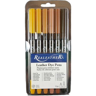 A pack of six leather dye pens in various earth tones, packaged in a clear plastic case with a blue label.