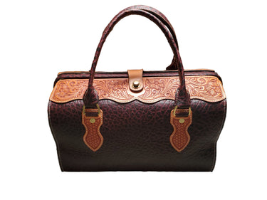 A brown leather doctor bag with a floral pattern and a rigid frame, displayed on a white background.