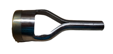 A metal round end punch tool lying on a white surface.