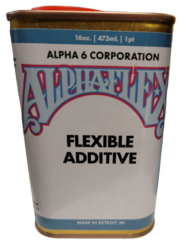 A metal can labeled 'Flexible Additive' from Alpha 6 Corporation, with measurements in US customary units on the label.