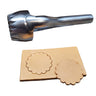A metal rosette cutter with a sharp cutting edge and a welded handle, accompanied by two examples of rosette shapes cut from a tan material, placed on a white background.
