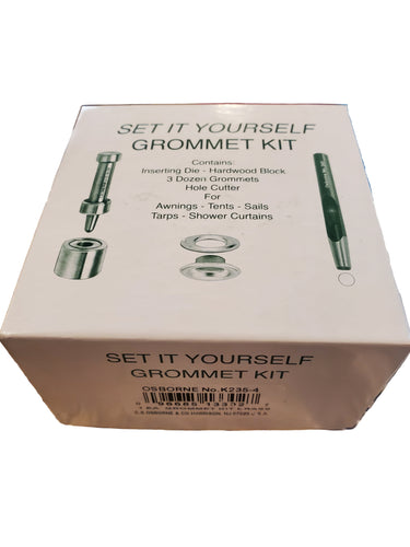 A 'Set it Yourself Grommet Kit' by CS Osborne Tools, containing a grommet die, belt punch, cutting board, instructions, and brass grommets displayed on white background.