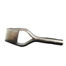 A metal bag punch tool resting against a white background.