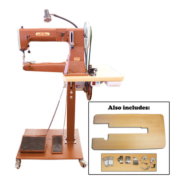A brown Cobra Class 4 Premium sewing machine on a pedestal stand with various sewing accessories included, such as thread nippers and bobbins.