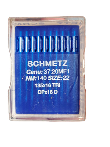 A pack of SCHMETZ sewing machine needles, size 22, in a blue plastic container on a white background
