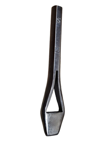 A metal bag punch tool with a rectangular cross-section and a slotted end, placed on a white surface.