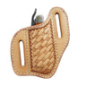 A leather pocket knife pouch with geometric stamping design, displayed on a white background.