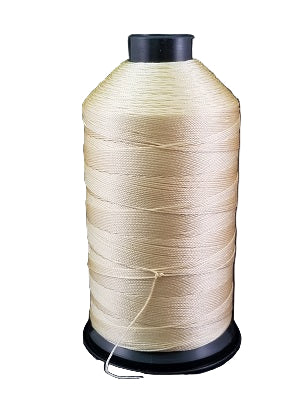 A spool of beige bonded nylon thread on a white background.
