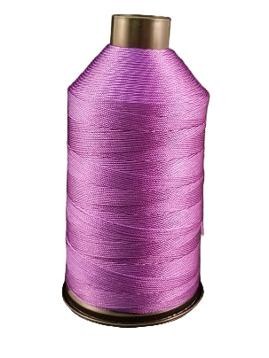 A spool of purple bonded nylon thread for sewing machines.