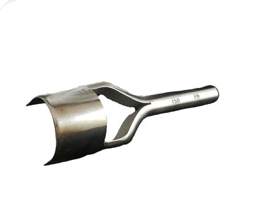 A metal round end punch tool resting on a white surface.