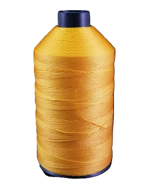 A spool of yellow bonded nylon thread for sewing machines.