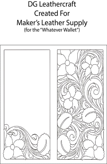 A tooling pattern for a wallet, featuring a detailed line drawing of a floral design, intended for leathercraft.