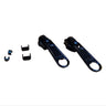 A black coil zipper kit displayed on a white surface, including two zipper pulls, two bottom stops, and a set of top stops.