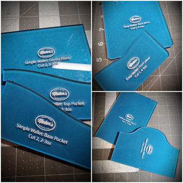 A set of blue acrylic templates for making leather wallets, labeled with different wallet patterns such as 'Snap' and 'Alamo'.