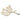 A set of two beige leather spur straps laid out on a white surface.